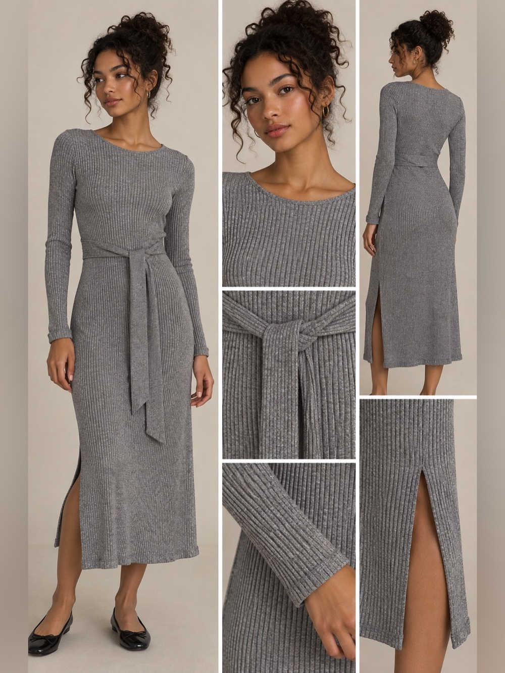 Final Touch Gray Ribbed Knit Tie Waist Maxi Dress Small Made USA